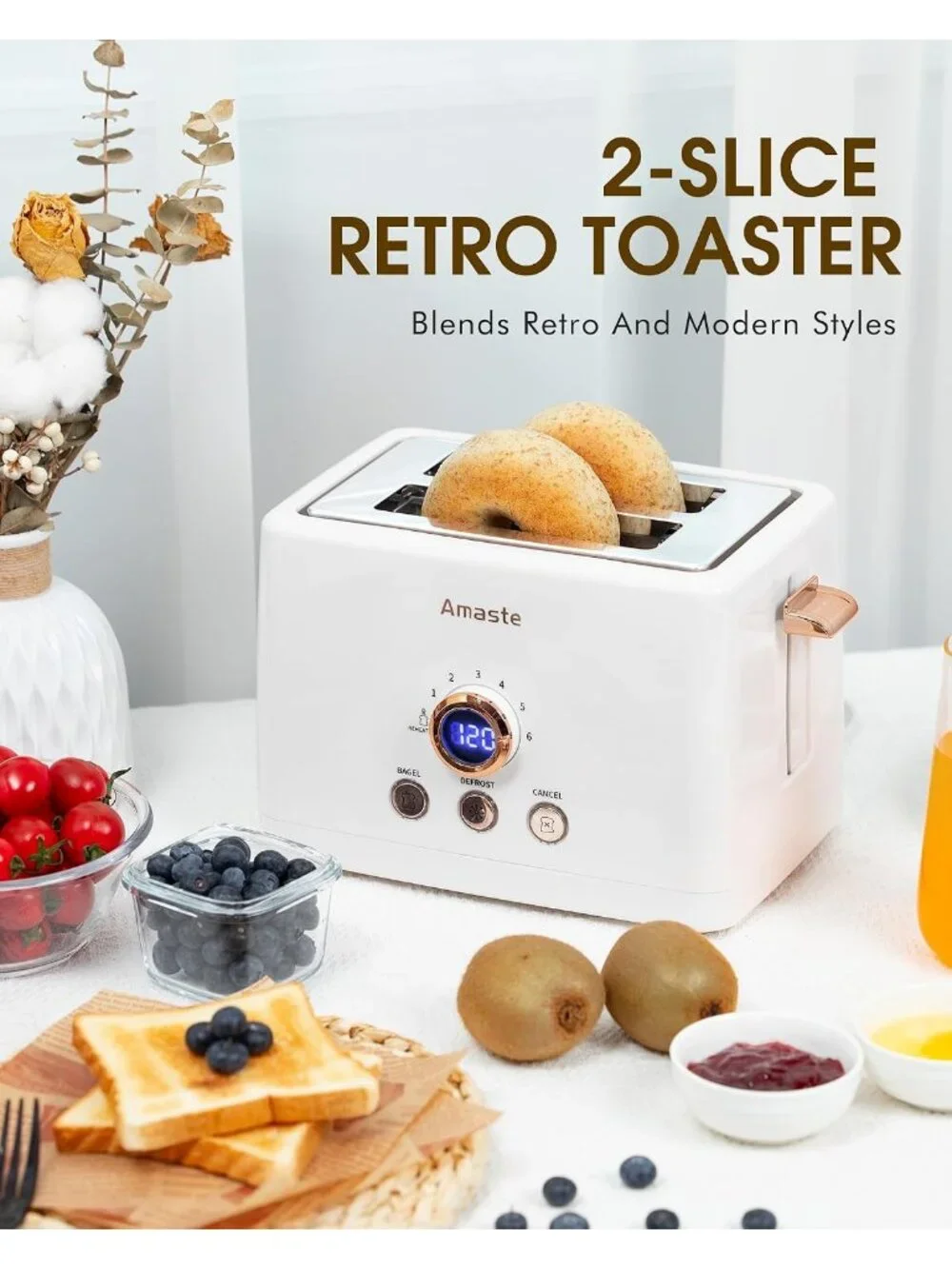 2 Slice White with Rose Gold Retro with LED Display Extra Wide Slots Toaster